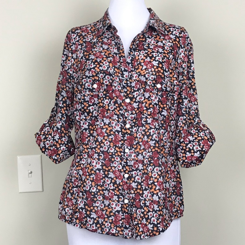 Chelsea & Violet Floral Blouse Button Front Sz L